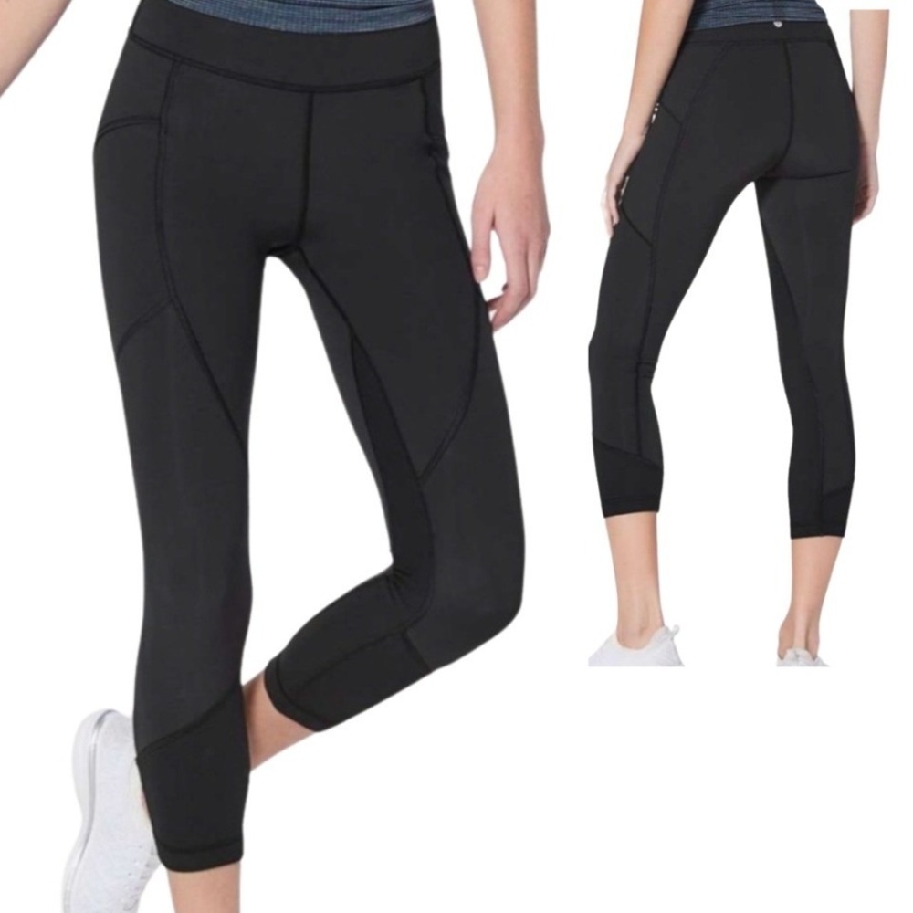 Lululemon Womens Game Point‎ Crop Black Athletic Leggings High Rise Slim Size 4